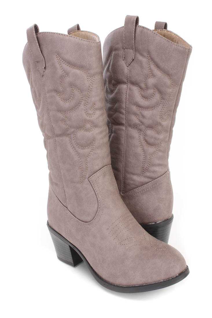 Taupe Stitching Detailing Cowboy Boots Faux Leather