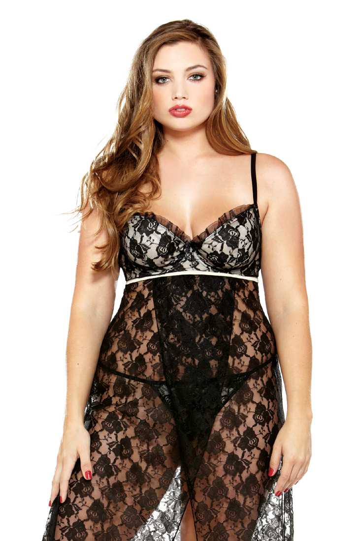 Black Double Slit Sexy Plus Size Lace Gown Lingerie