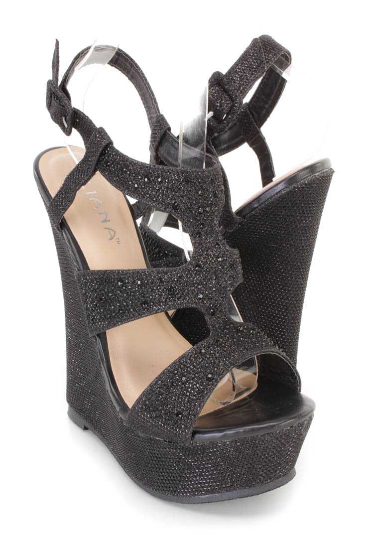 Black Rhinestone Decor Platform Wedges Shimmer Fabric