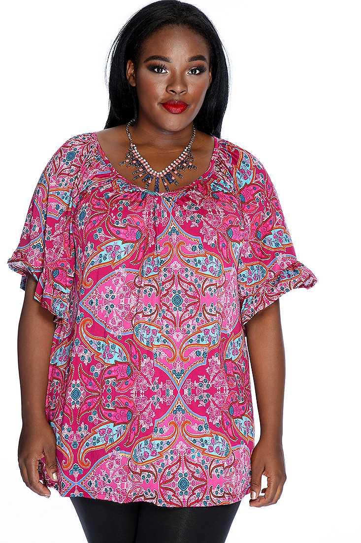 Sexy Magenta Blue Quarter Sleeves Floral Pattern Plus Size Top