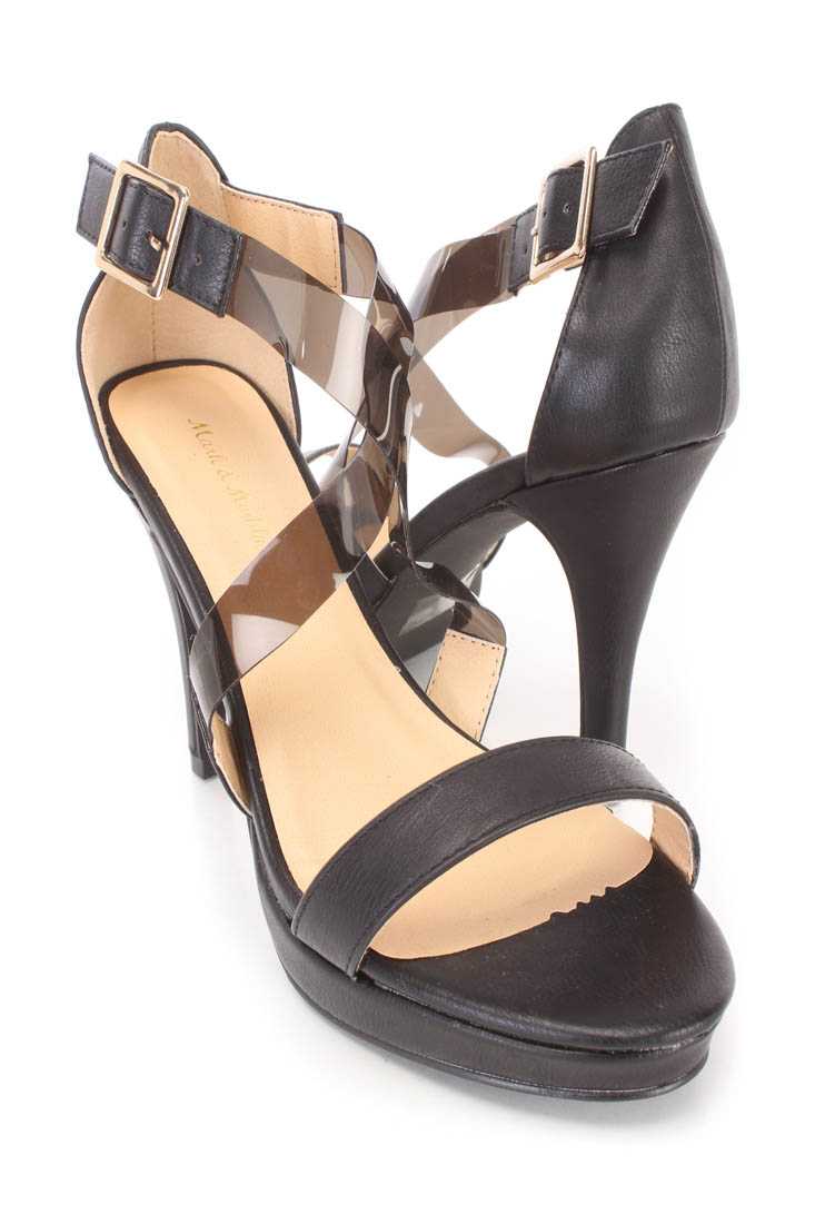 Black Clear Cross Strap Heels Faux Leather