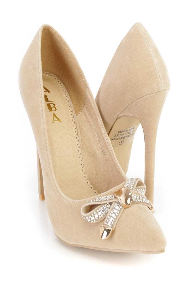 Beige Rhinestone Bow Tie Single Sole Pump Heels Velvet