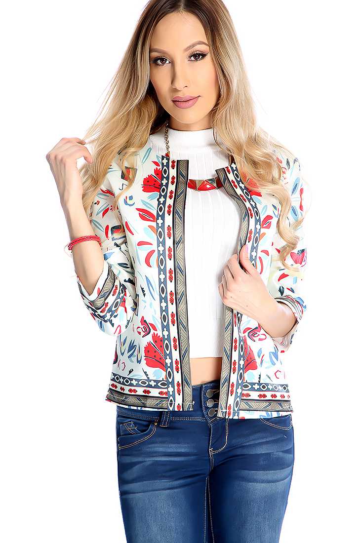 Casual White Red Floral Print Cropped Kimono Jacket