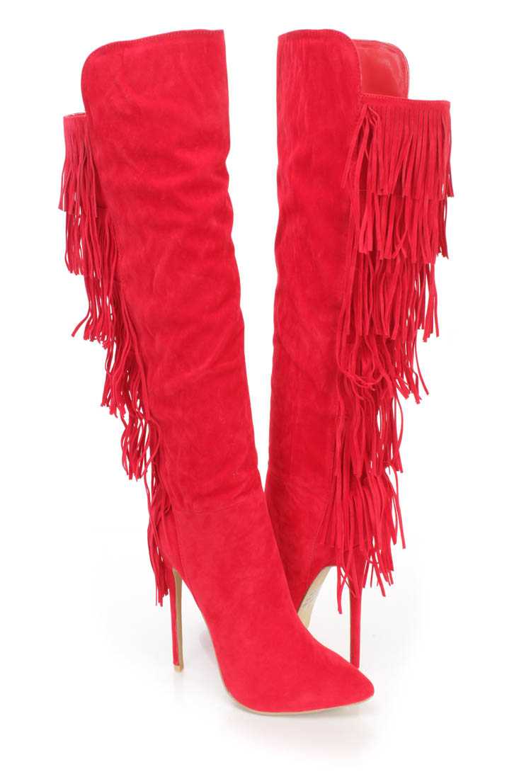 Red Fringe Pointy Toe High Heel Boots Faux Suede