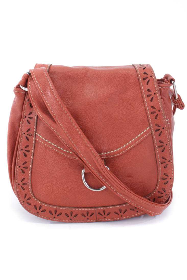 Cognac Faux Leather Perforated Shoulder Handbag