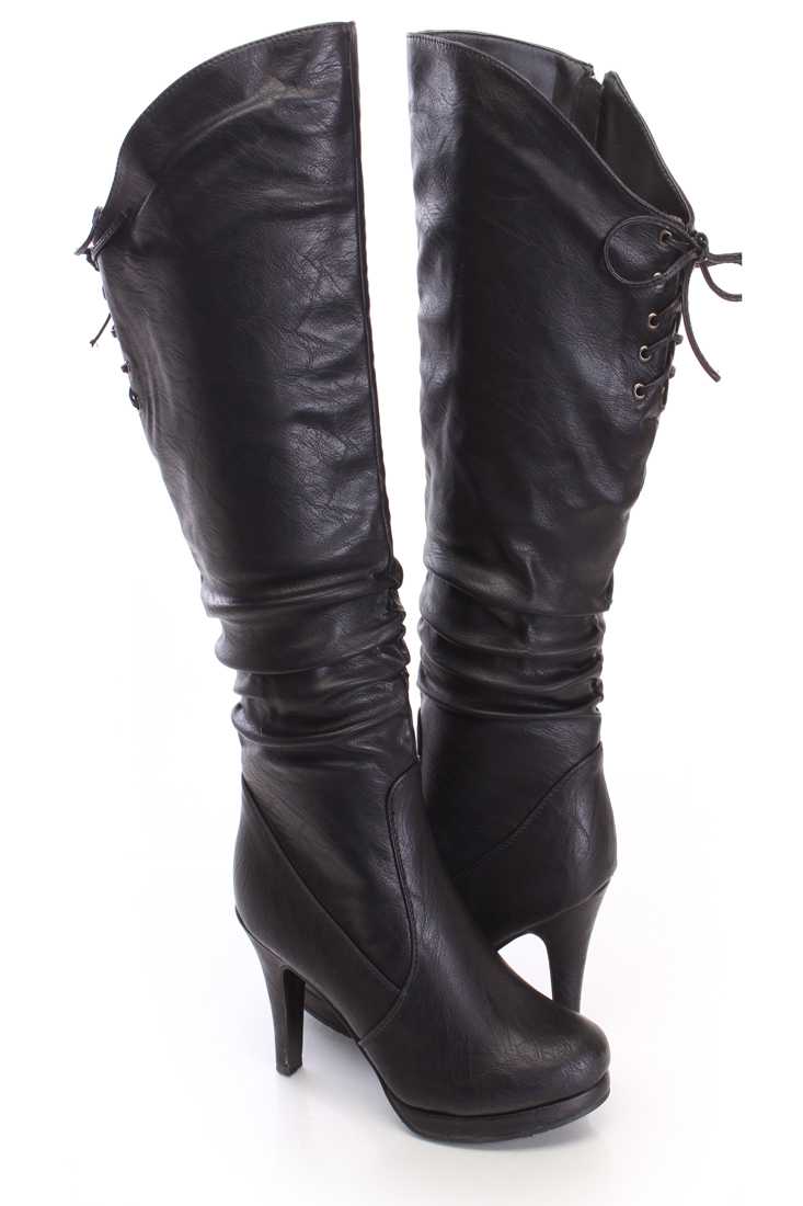 Black Slouchy Knee High Boots Faux Leather