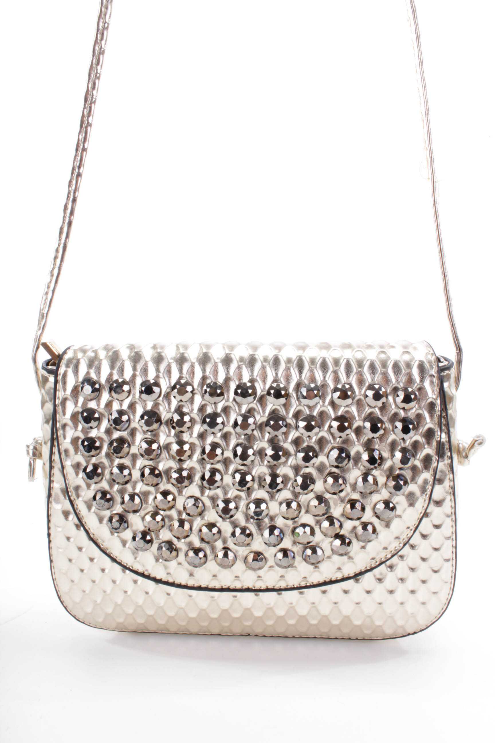 Gold Patent Faux Leather Faceted Beaded Handbag