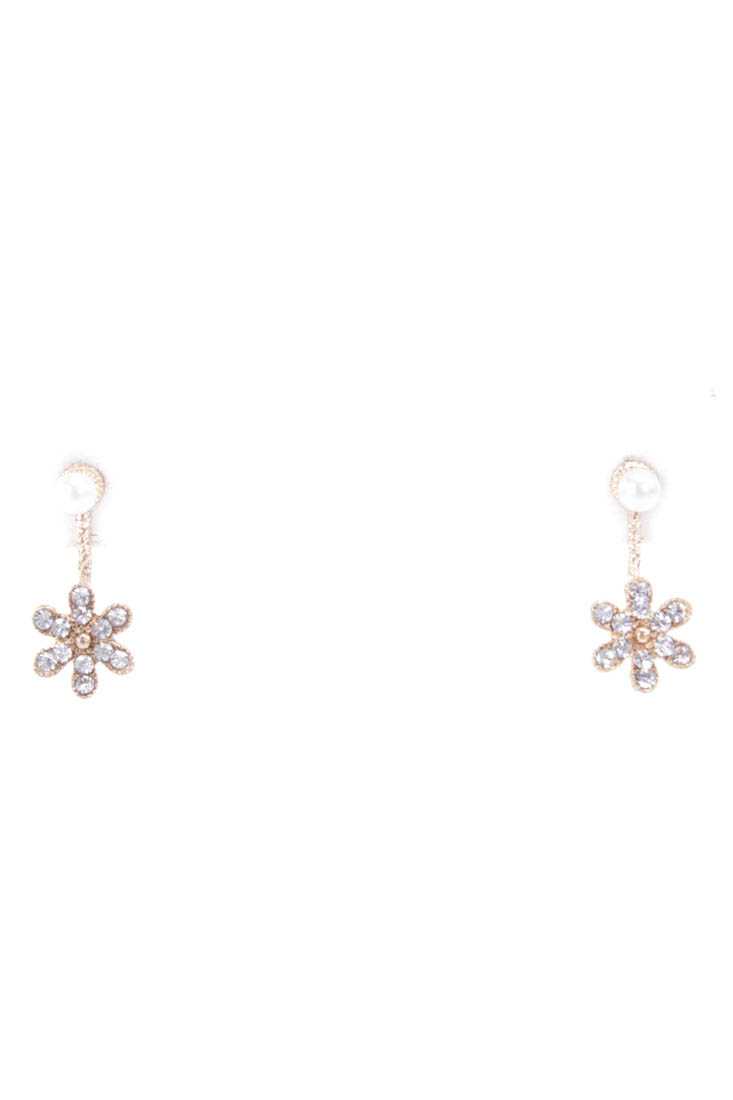 Gold Rhinestone Encrusted Flower Dangle Earrings