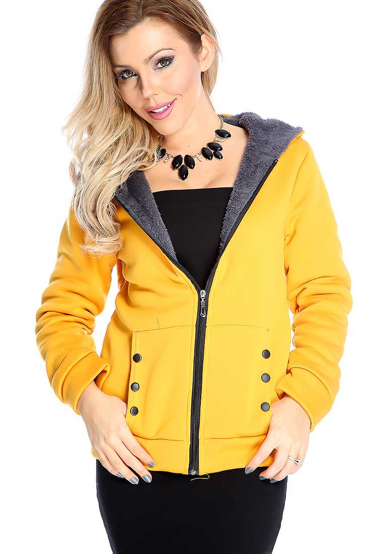 Marigold Front Pockets Hooded Zip Up Sweater