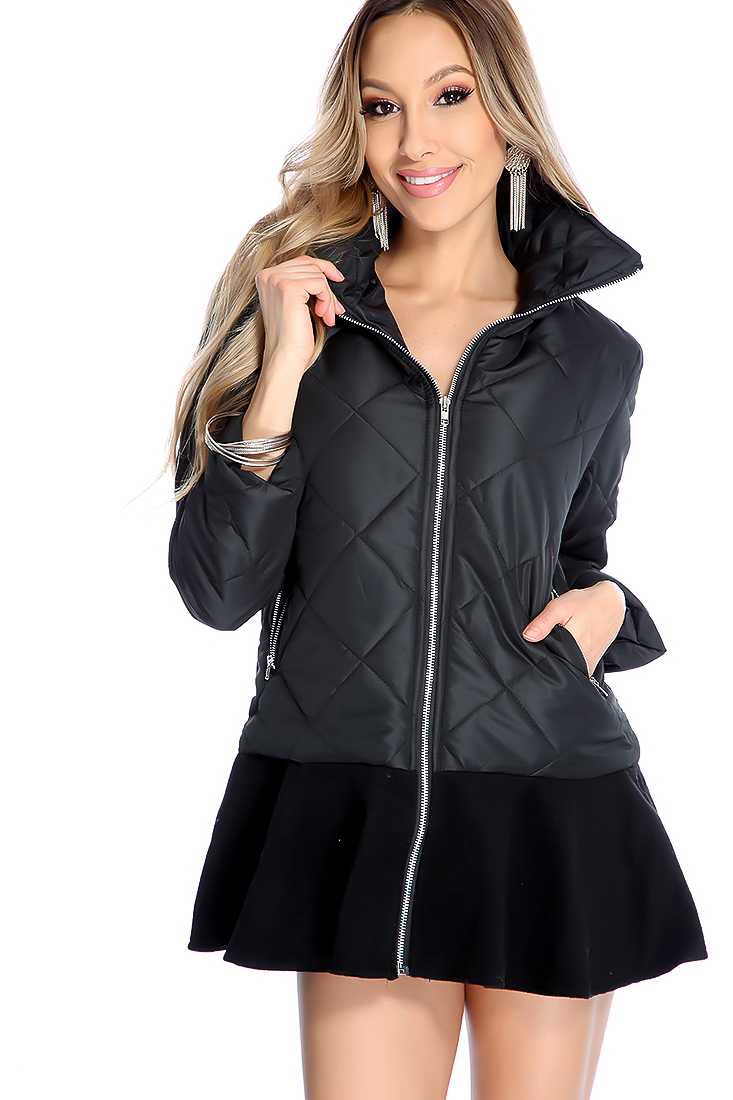 Black Quilted Zip Up Ruffle Jacket