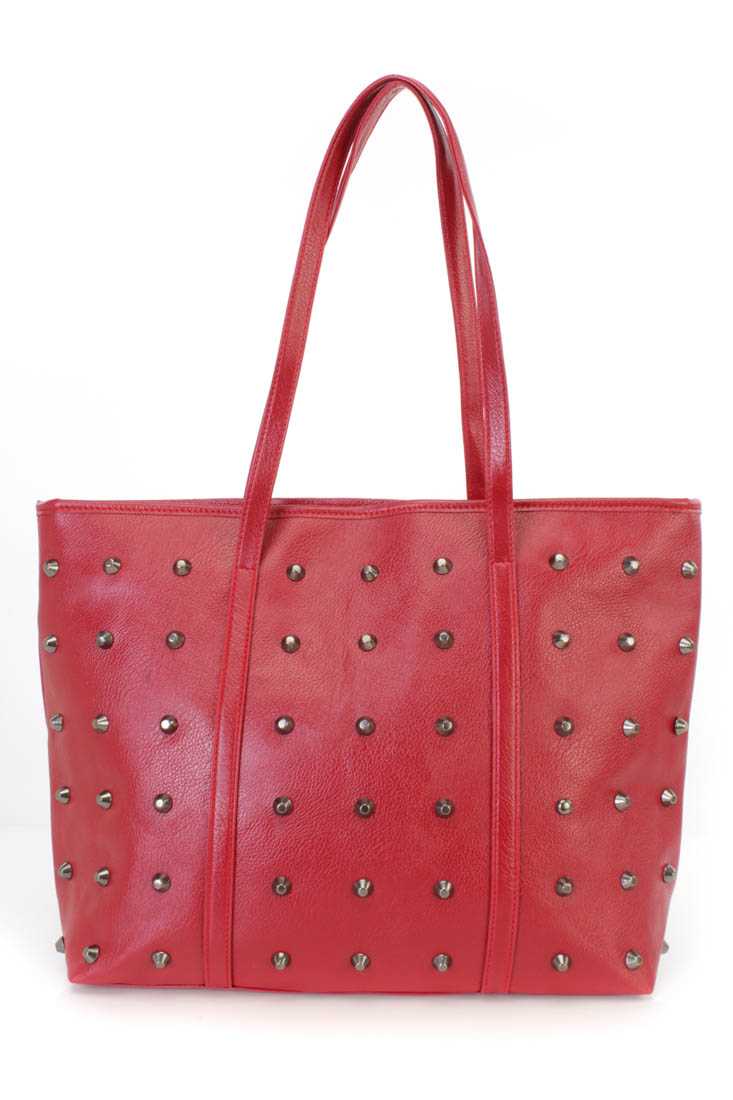 Red Faux Leather Quilted Tote Handbag