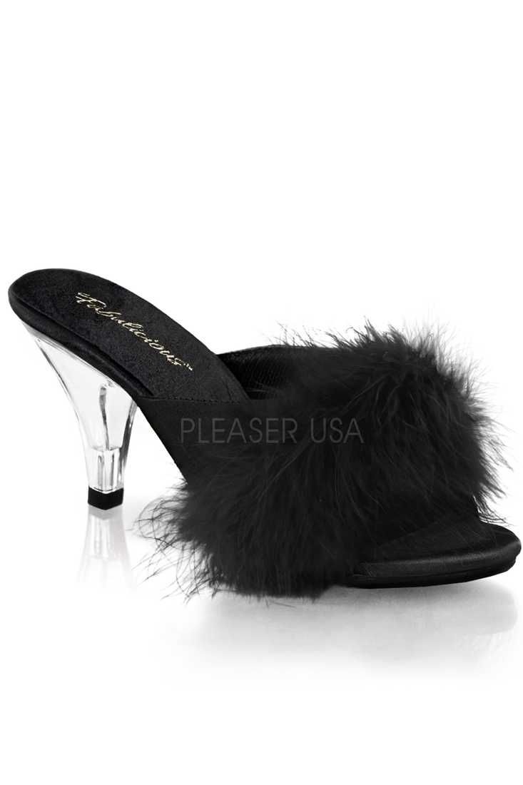 Black Satin Fur Open Toe High Heels