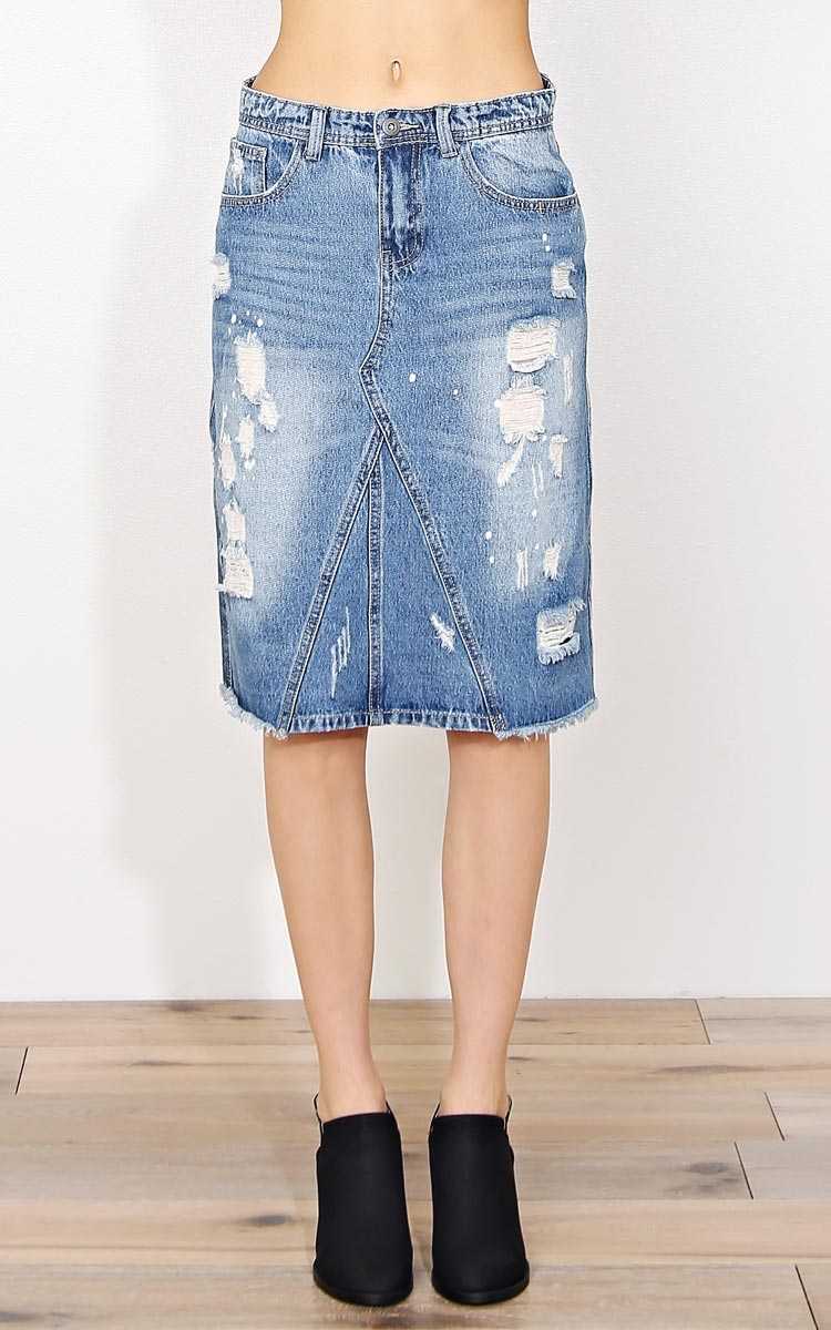 Hoedown Denim Midi Skirt - SML - Med Wash in Size Small by Styles For Less