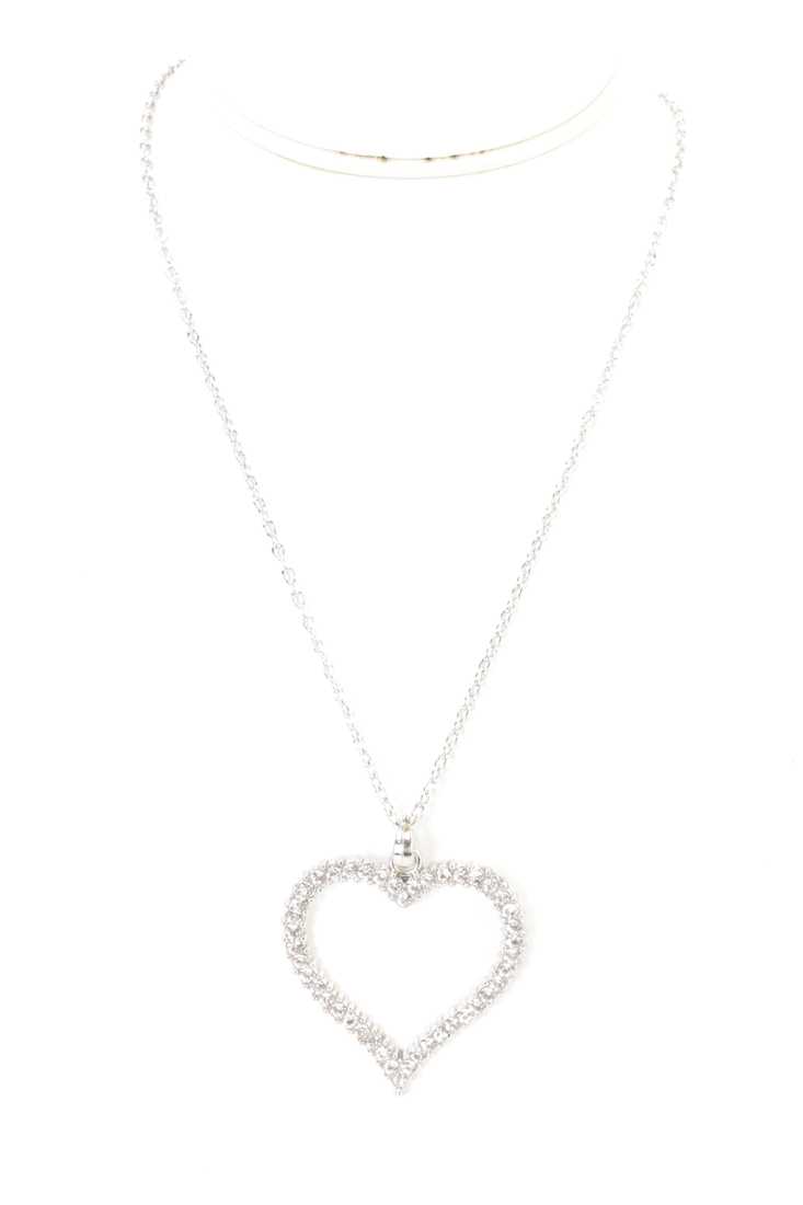Silver High Polish Rhinestone Heart Pendant Necklace
