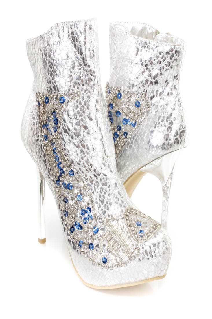 Silver Rhinestone Sequin Beaded High Heel Booties Faux Leather
