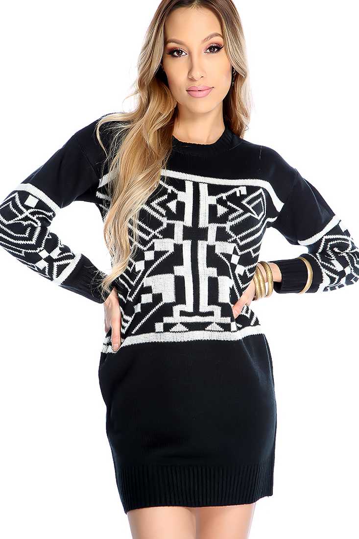 Sexy Black White Graphic Knit Sweater Dress