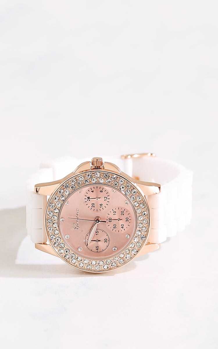 Penelope Rhinestone Accent Watch - N/S - White Combo by Styles For Less