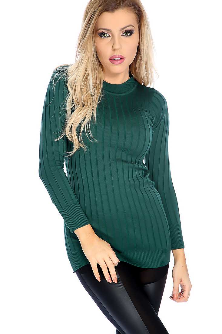 Forest Green Long Sleeve Mock Neck Ribbed Causal Top