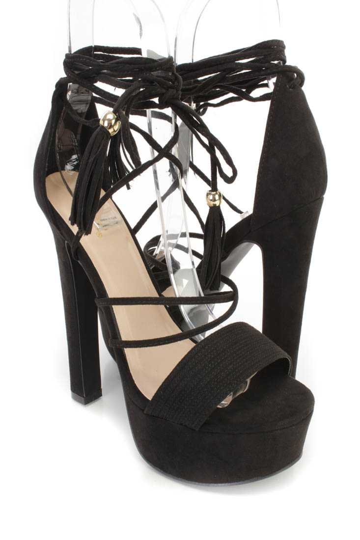 Black Wrap Around Strap Platform Chunky High Heels Faux Suede