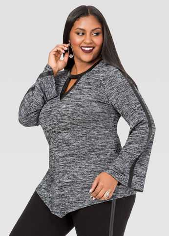Faux Leather Trim Marled Sweater