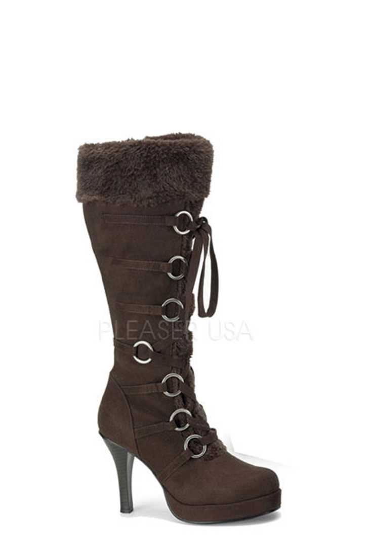 Brown Lace Up Faux Fur Knee High Boots Microfiber