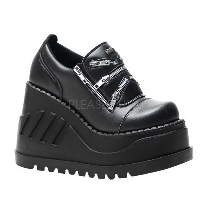 Black Zipper Detailed Platform Wedges Faux Leather