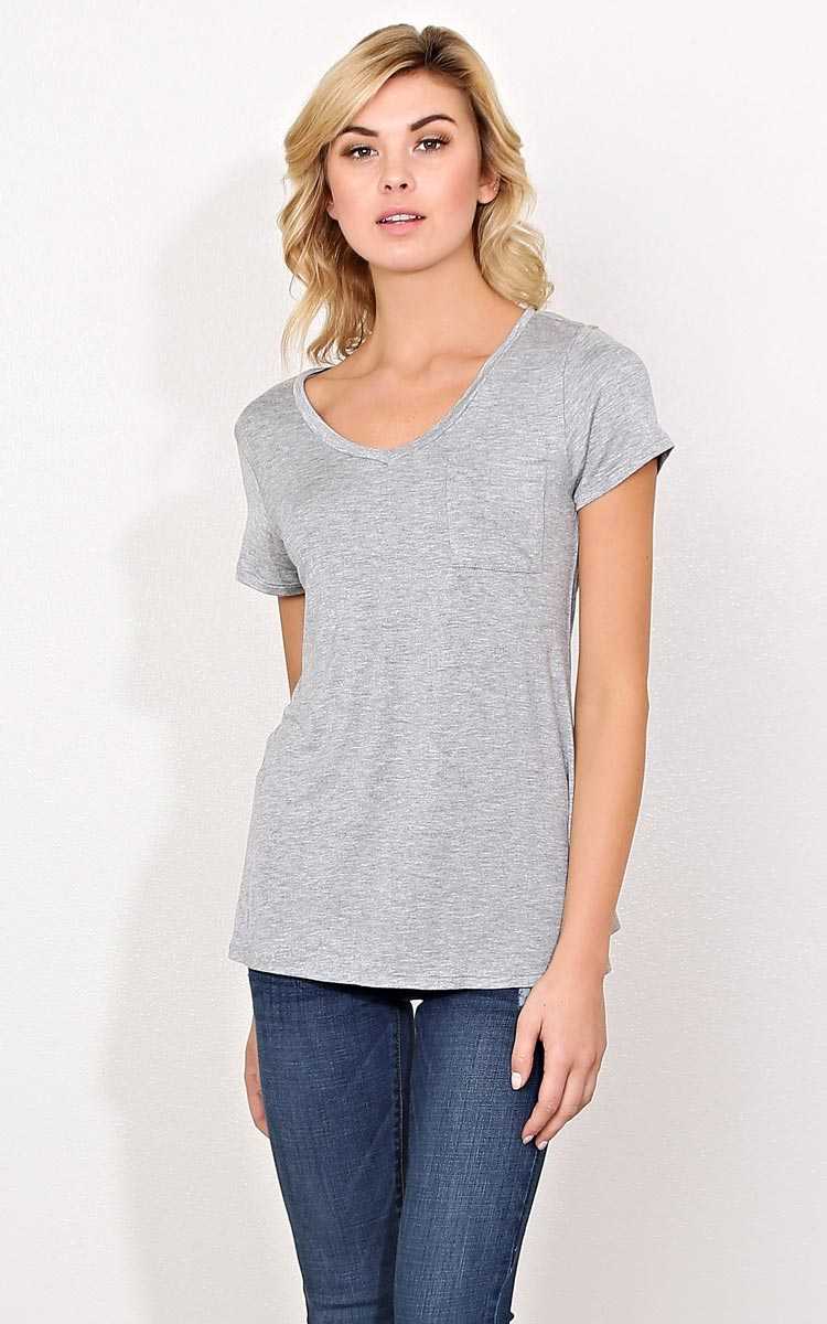 Heather Grey Knit Pocket Tee - SML - Heather in Size Small by Styles For Less