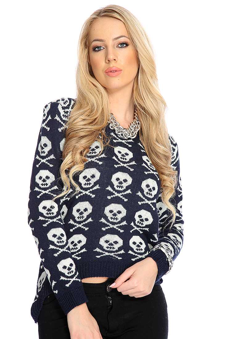 Navy Knitted Skull Pattern Pull Over Sweater