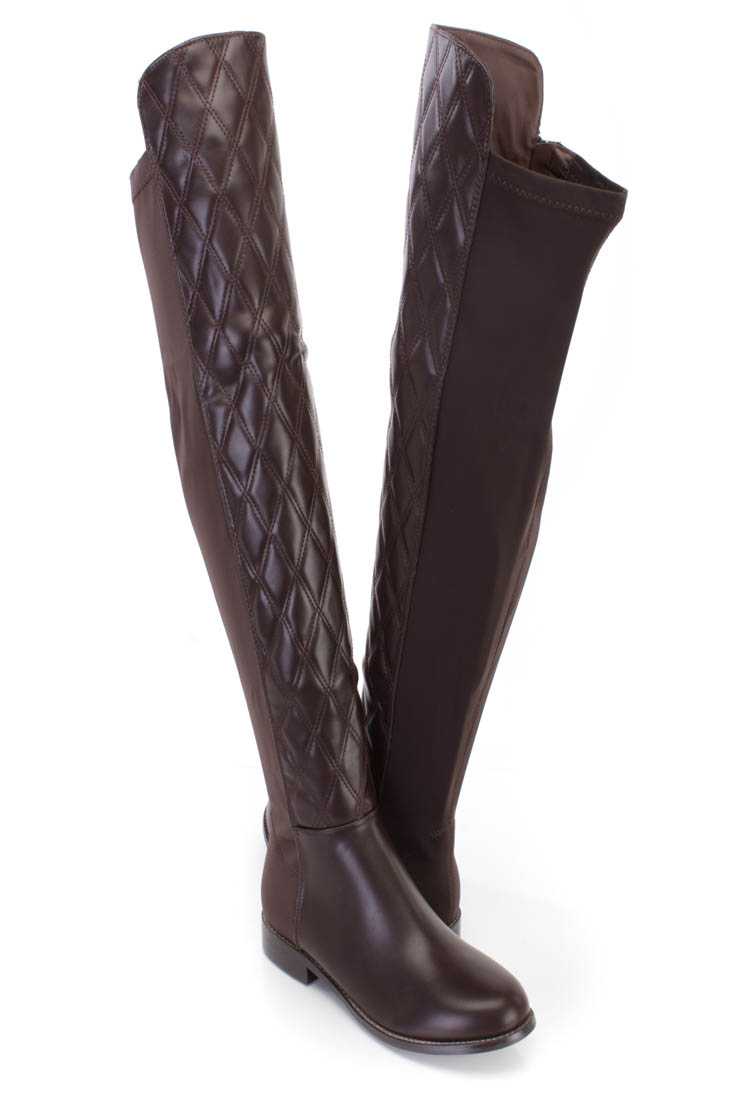 Brown Quilted Thigh High Riding Boots Faux Leather