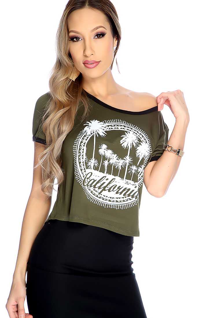 Olive Short Sleeve Graphic Print Casual Top