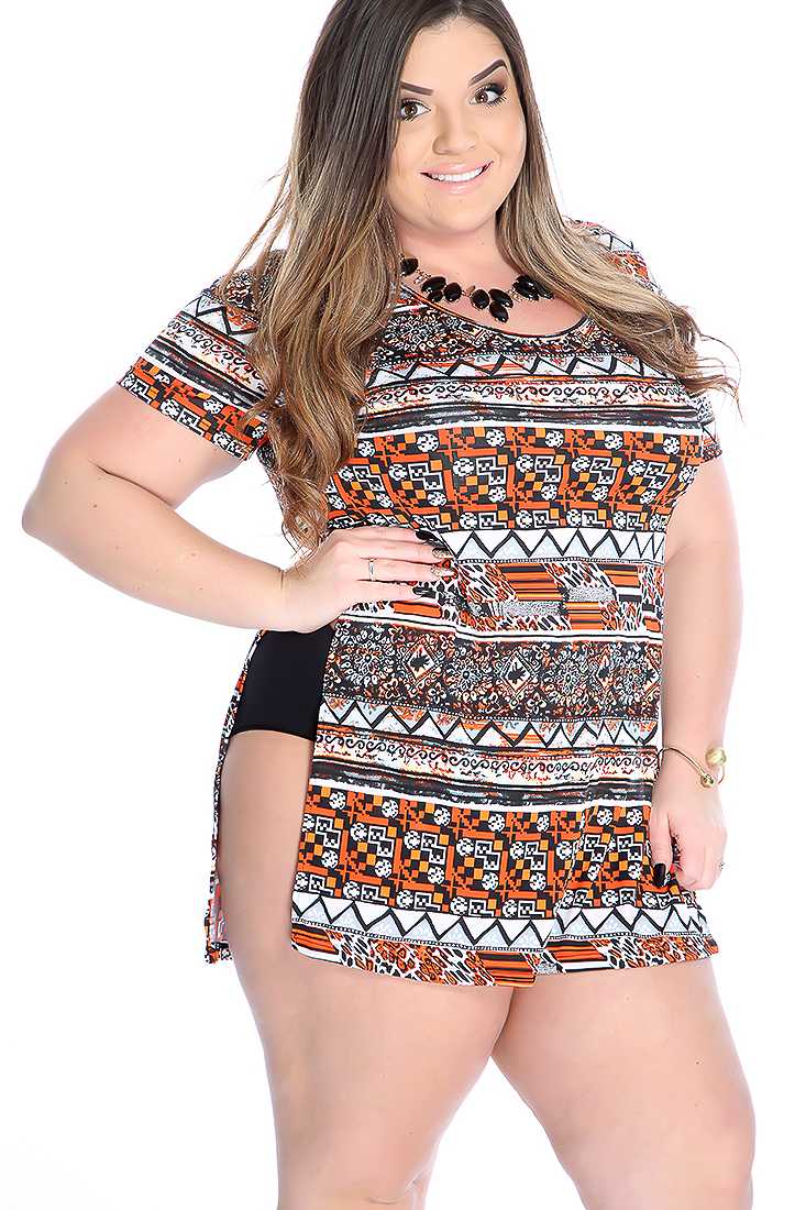 Orange Black Tribal Print Side Slits Plus Size Top