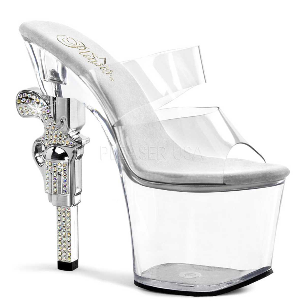 Clear 2 Band Platform Rhinestone Gun Heels PVC