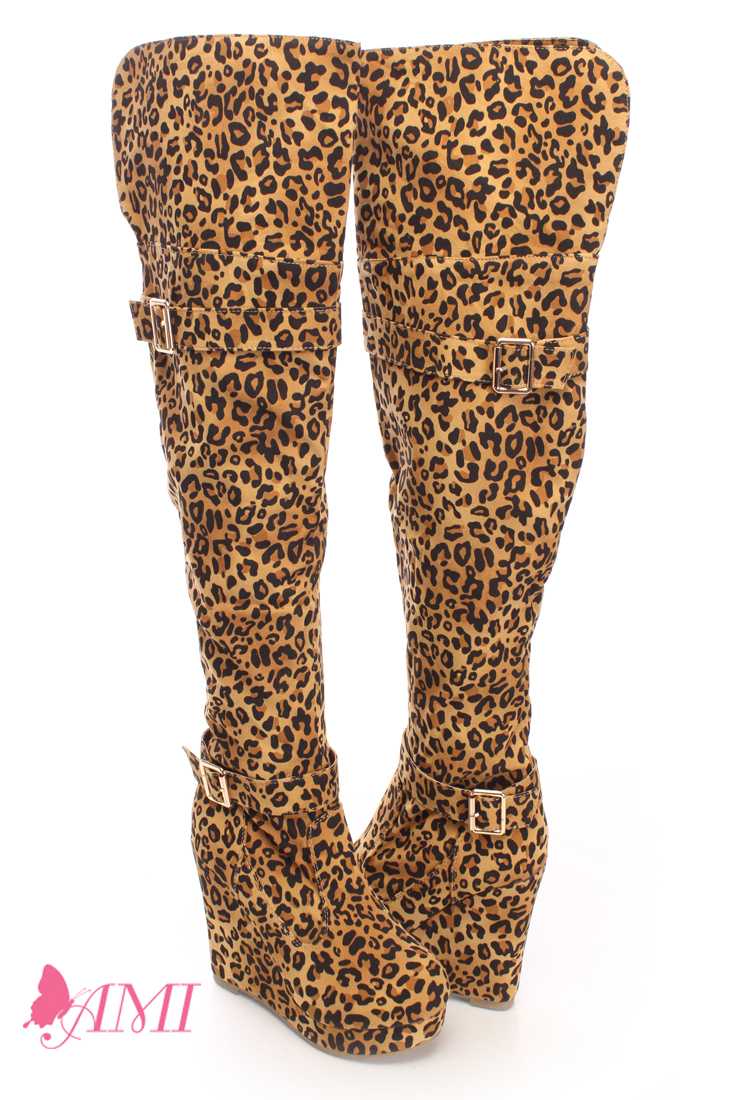 Leopard Print Thigh High Wedge Boots Faux Suede