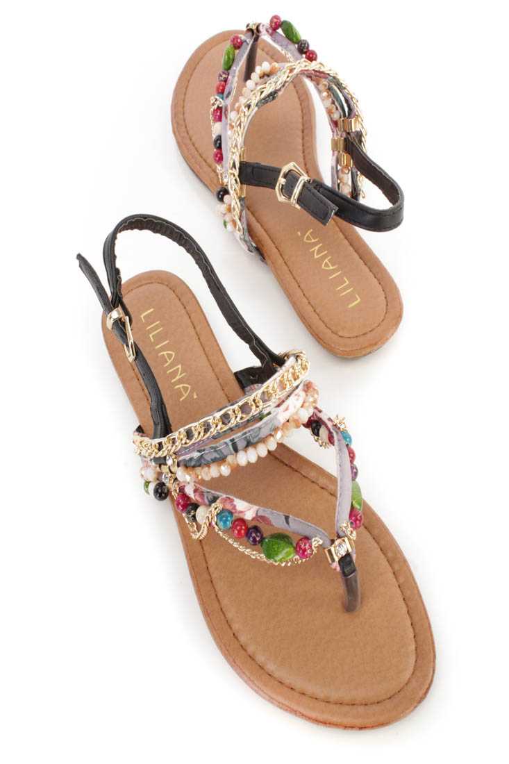 Black Beaded Strappy Thong Sandals Faux Leather