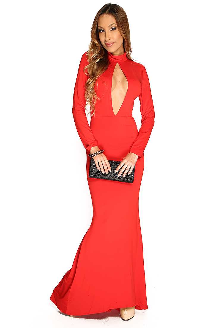 Red Plunging Cut Out Sexy Cocktail Mermaid Dress