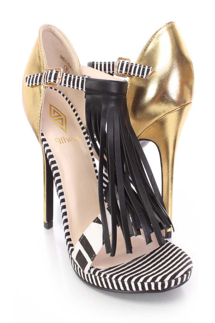 Gold Printed Fringe Strappy Single Sole Heels Fabric