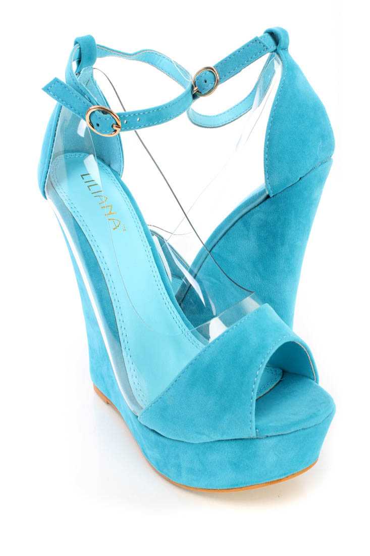 Turquoise Peep Toe Ankle Strap Wedges Faux Suede