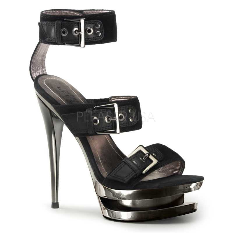 Black Pewter Buckle Strappy High Heels Faux Suede