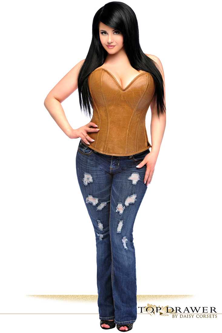 Camel Distressed Faux Leather Steel Boned Corset Top Plus