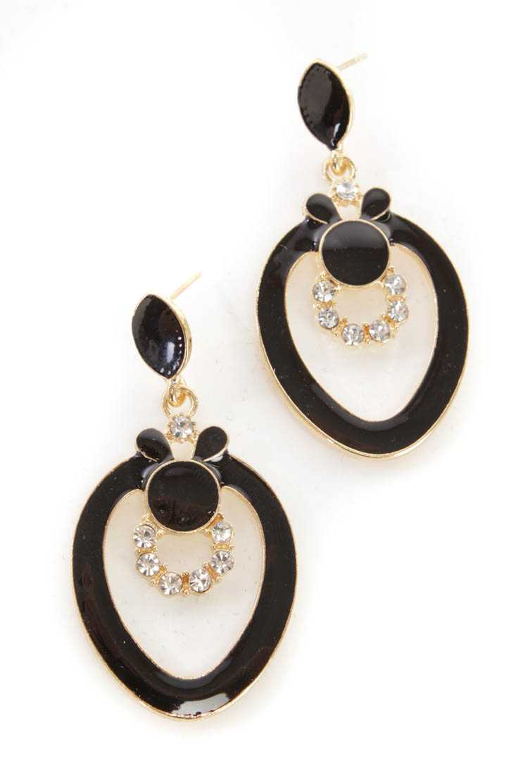 Black High Polish Rhinestone Decor Dangling Earrings