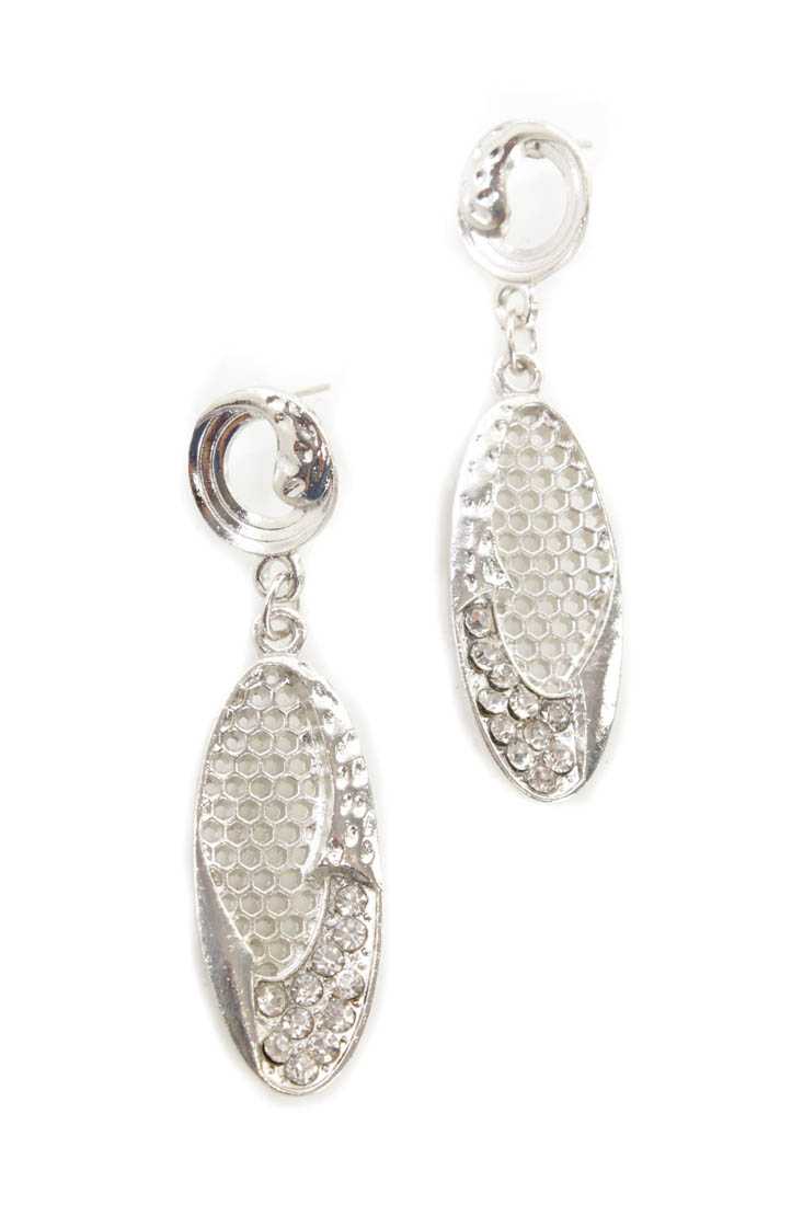 Silver High Polish Rhinestone Perforated Detail Earrings