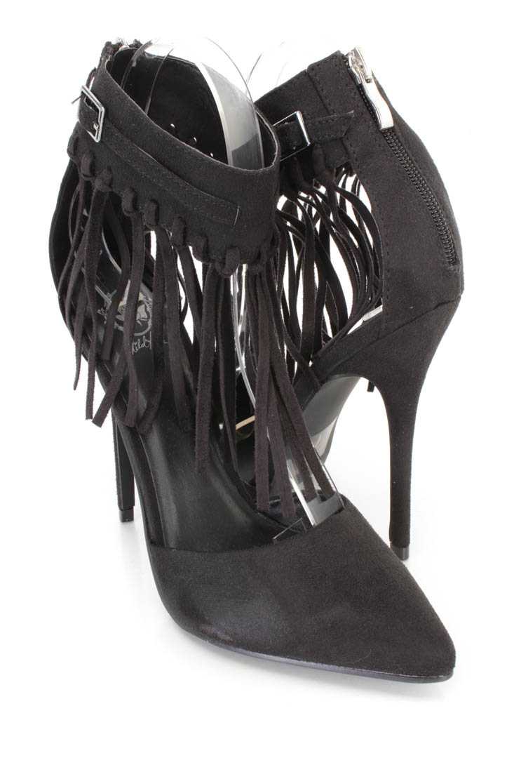 Black Fringe Ankle Strap Single Sole Heels Faux Suede