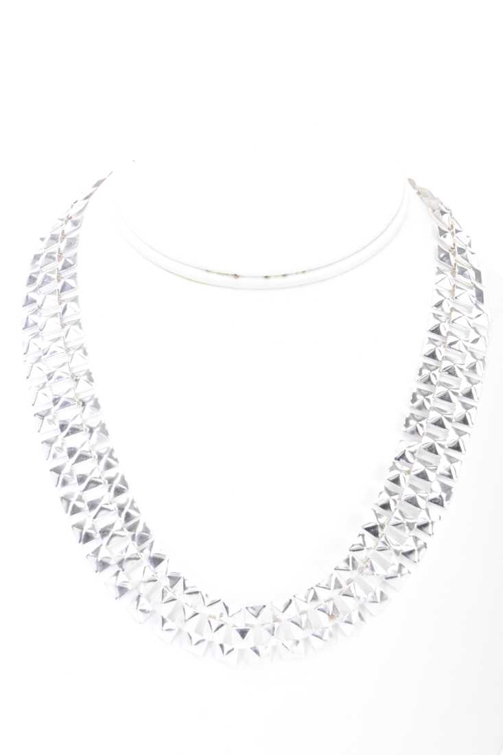 Silver High Polish Studded Metal Mesh Necklace