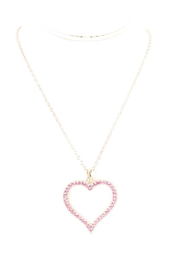 Pink Gold High Polish Rhinestone Heart Pendant Necklace