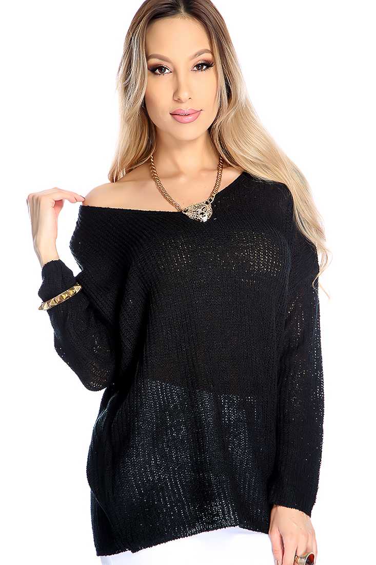 Black V-neck Open Knitted Long Sleeve Sweater