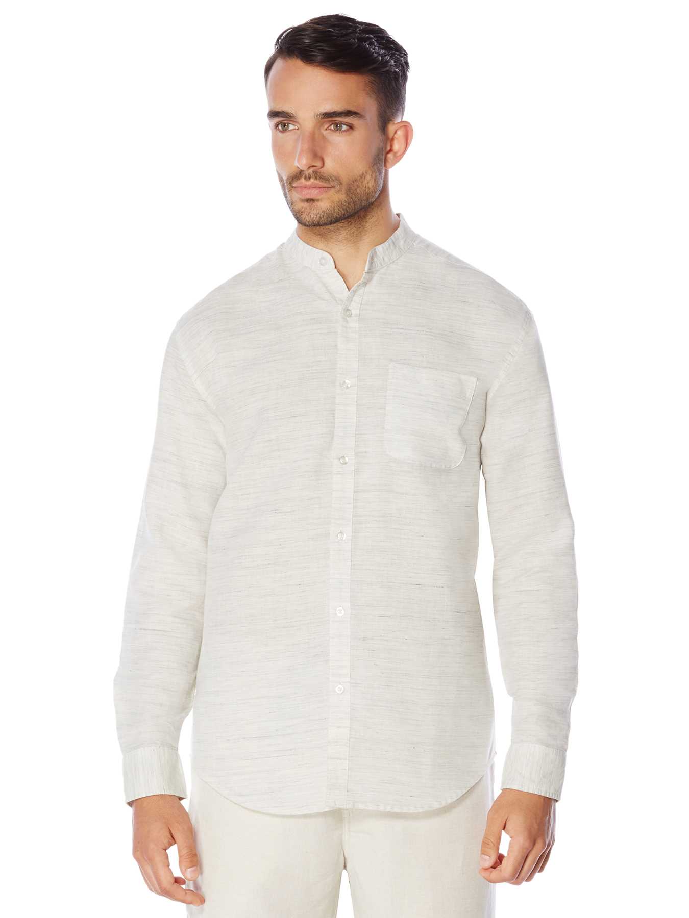 Cubavera Long Sleeve Linen Cotton Yarn Dyed Banded Collar Shirt
