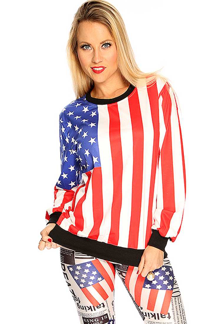 America Flag Printed Long Sleeve Banded Bottom Round Neck Sweather
