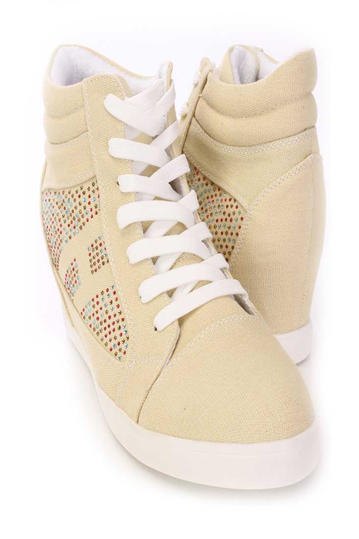 Beige Rhinestone Sneaker Wedges Canvas