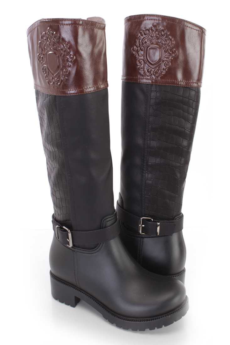 Black Brown Croc Skin Textured Riding Boots Faux Leather