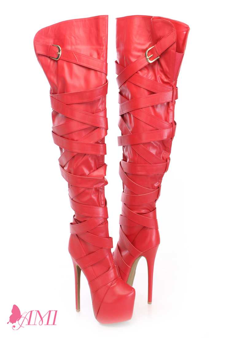 Red Wrap Around Strap Thigh High Boots Faux Leather